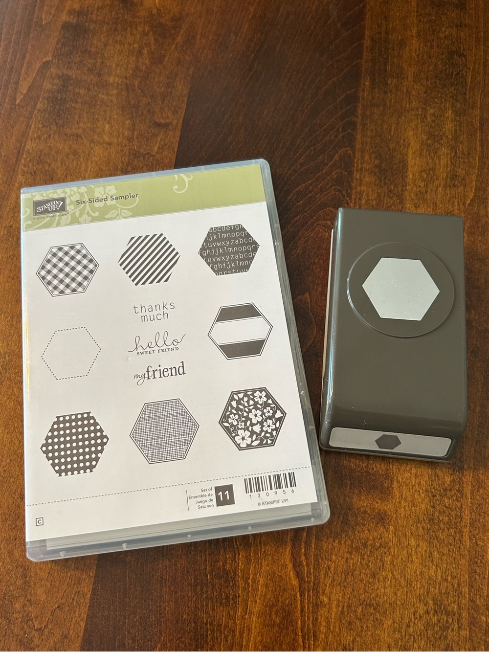 Retired Stampin’ Up! Six-Sided Sampler clear-mount stamp set
with punch